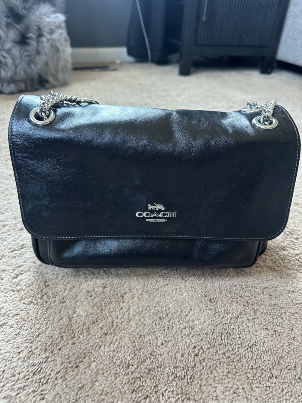 Coach elodie Black Leather Flap Bag with Silver Chain